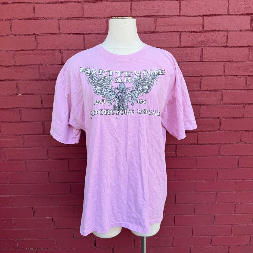 Vtg Fayetteville Motorcycle Rally 2015 Pink Graphic Shirt Womens XL Wings Biker